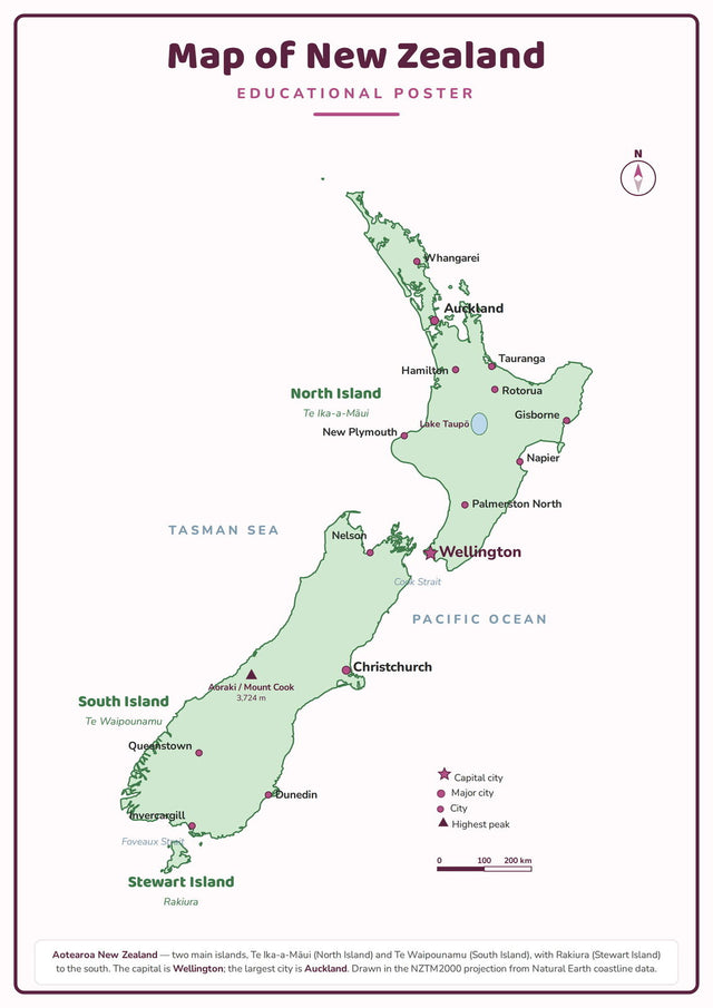 Map of New Zealand: A4 Matte Laminated Educational Poster Print - 210x297mm