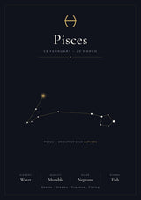 Pisces Zodiac Constellation Black: A4 Matte Laminated Educational Poster Print - 210x297mm