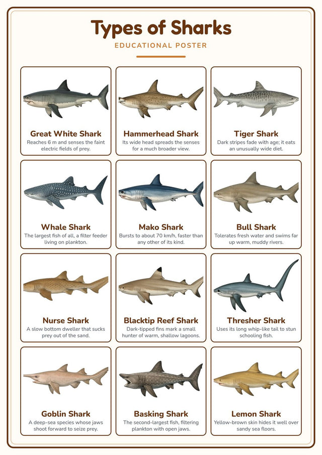 Types of Sharks: A4 Matte Laminated Educational Poster Print - 210x297mm