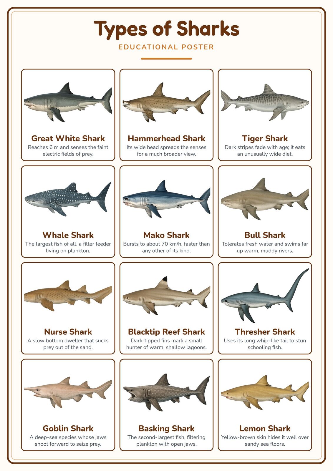 Types of Sharks: A4 Matte Laminated Educational Poster Print - 210x297mm