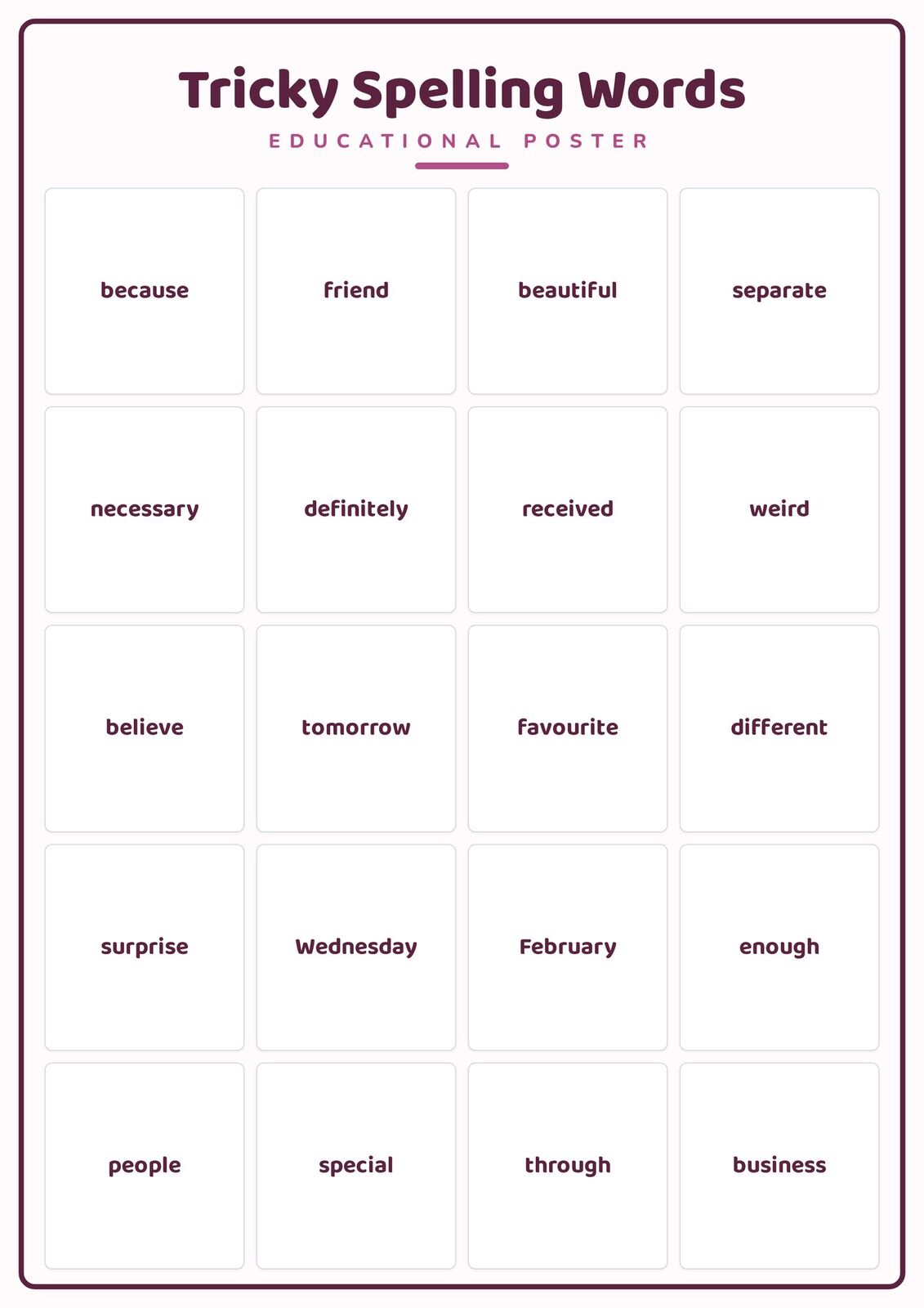 Tricky Spelling Words: A4 Matte Laminated Educational Poster Print - 210x297mm