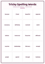 Tricky Spelling Words: A4 Matte Laminated Educational Poster Print - 210x297mm