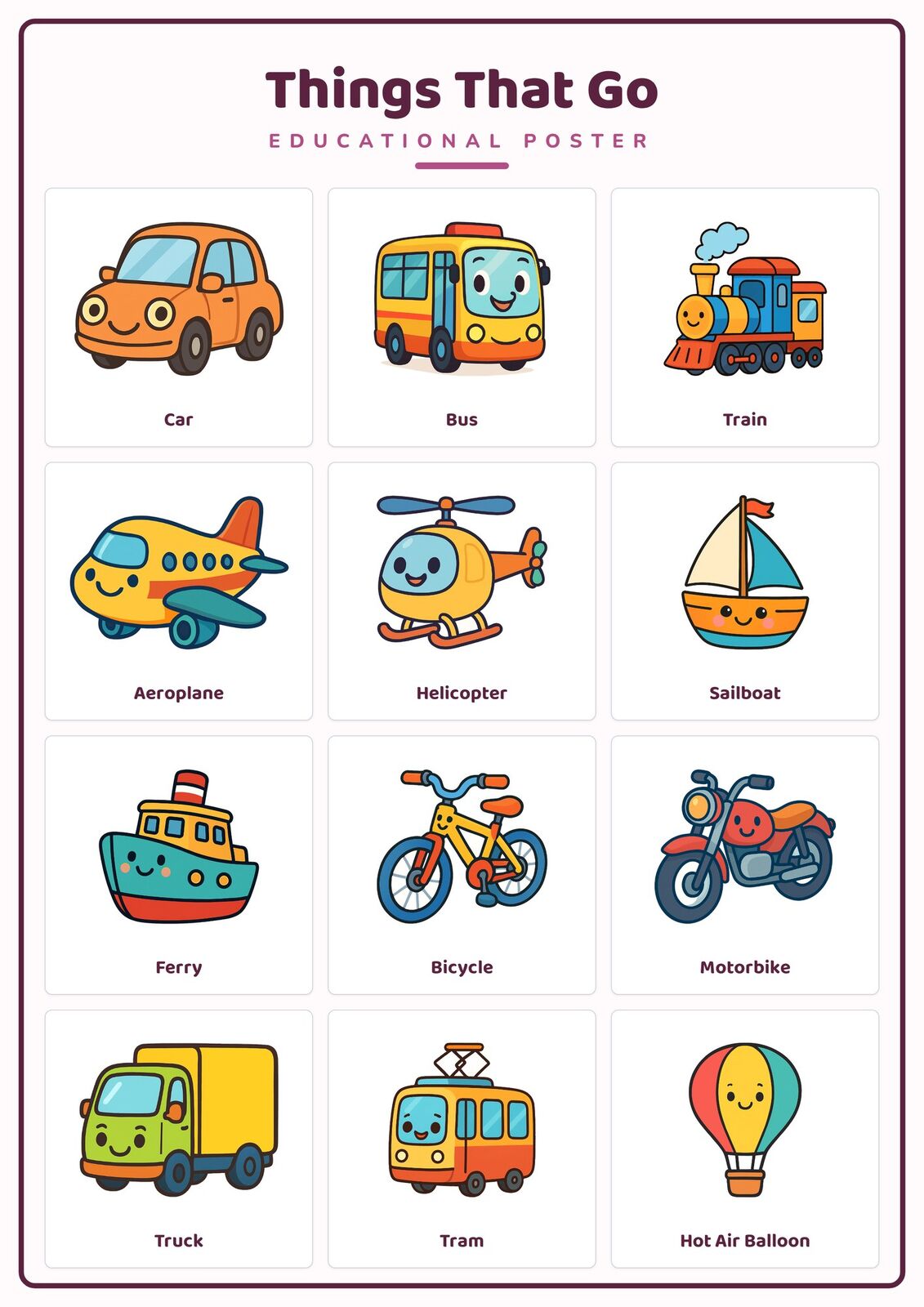 Things That Go: A4 Matte Laminated Educational Poster Print - 210x297mm