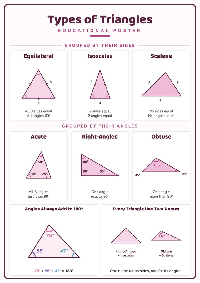 Types of Triangles: A4 Matte Laminated Educational Poster Print - 210x297mm