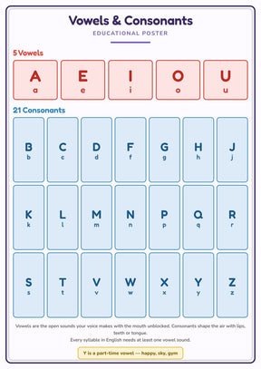 Vowels & Consonants: A4 Matte Laminated Educational Poster Print - 210x297mm