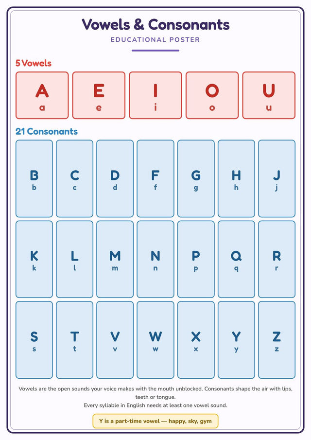 Vowels & Consonants: A4 Matte Laminated Educational Poster Print - 210x297mm