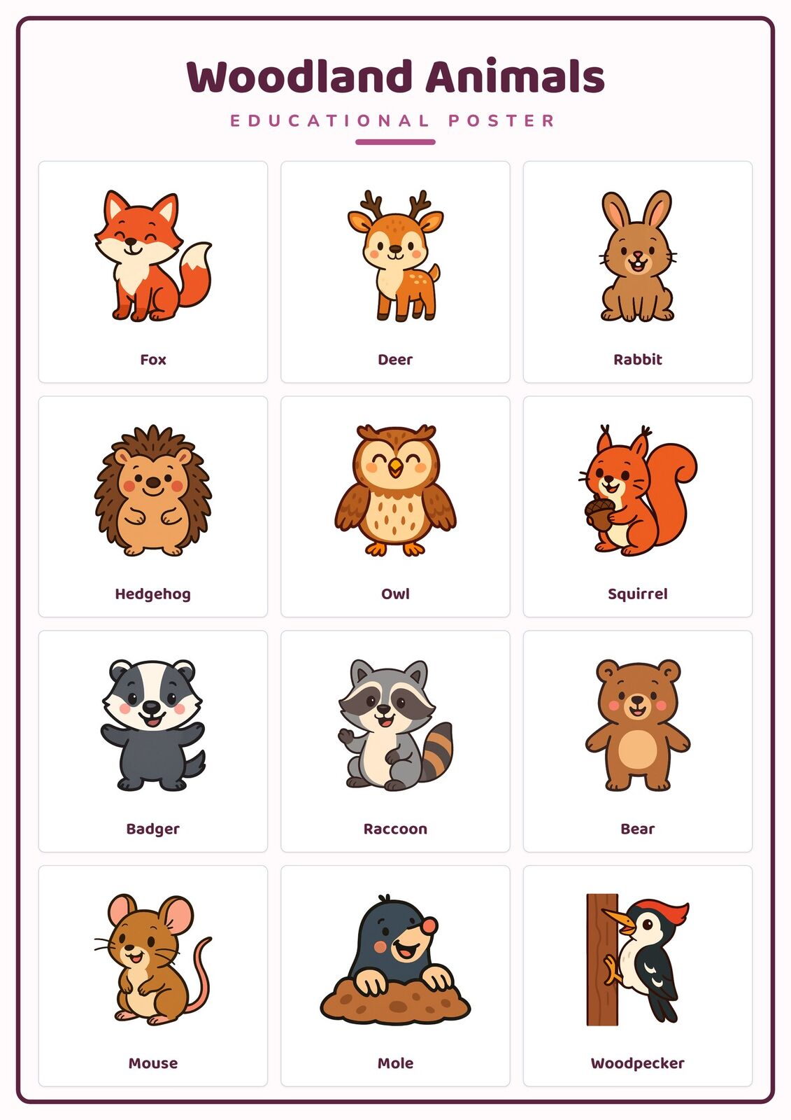 Woodland Animals: A4 Matte Laminated Educational Poster Print - 210x297mm