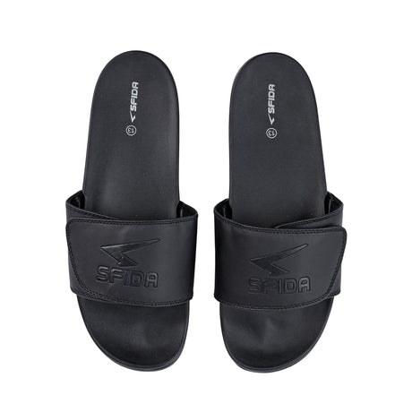 Sfida Laze Mens Adjustable V Strap Slides - Black (Slip On Sandals)