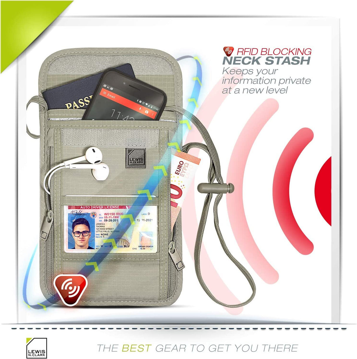 Lewis N. Clark RFID Blocking Travel Neck Wallet Stash Passport Security Pouch - Clay