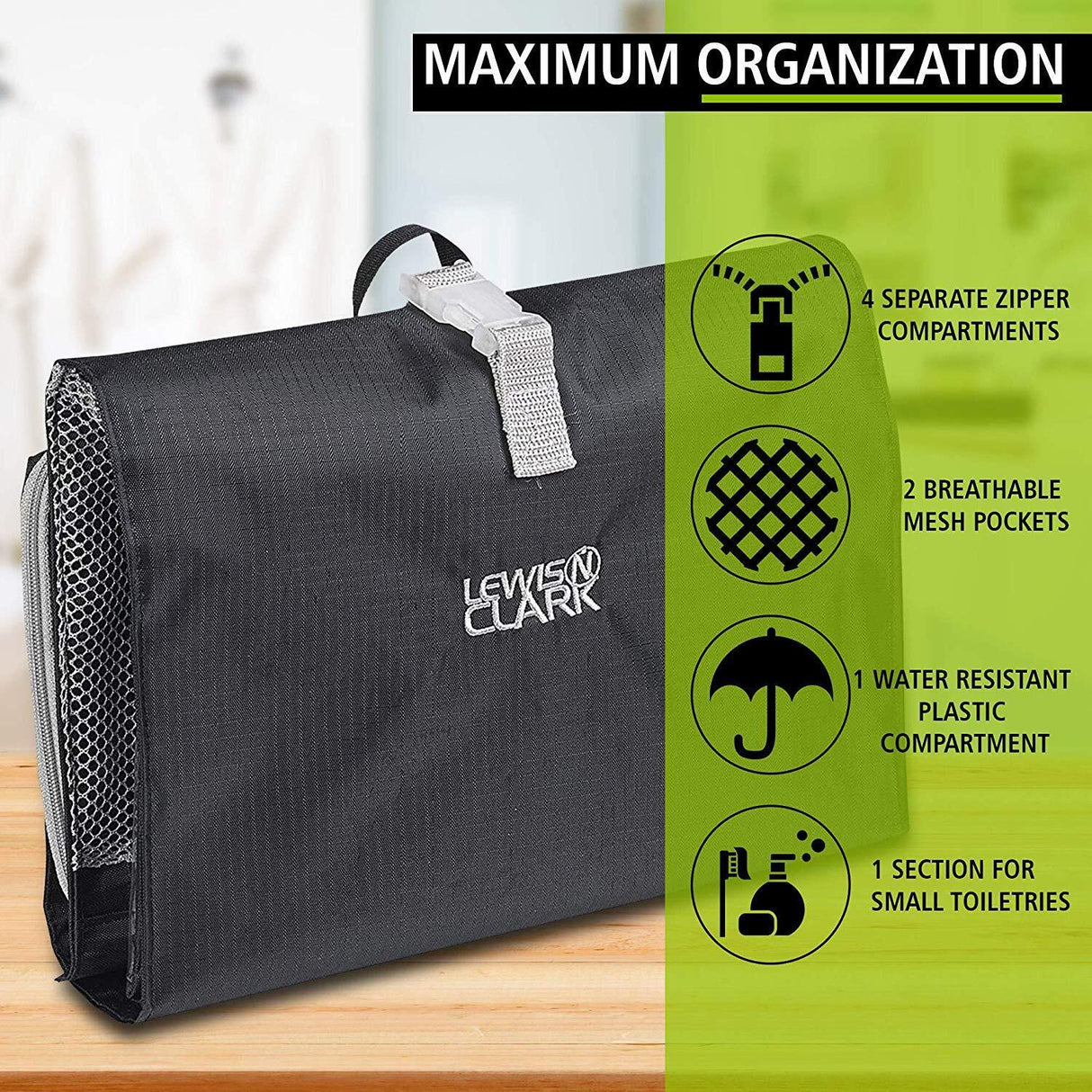 Lewis N. Clark Hanging Toiletry Bag Kit Case Travel Cosmetic Storage Organizer  - Black