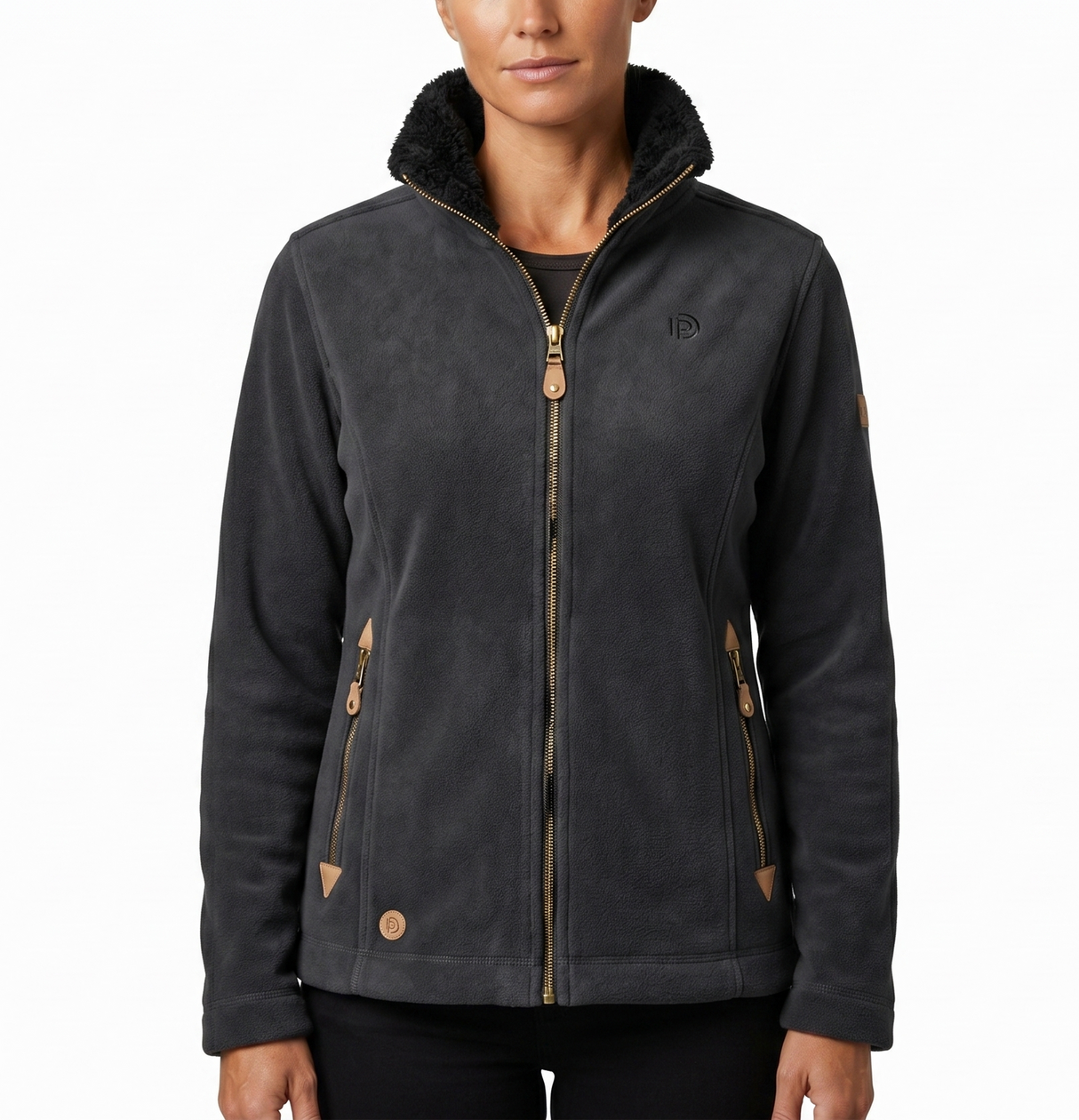 Womens Sherpa Fur Coral Fleece Zip-Up Winter Jacket in Black Anthracite (400gsm)