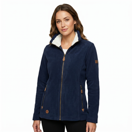Womens Sherpa Fur Coral Fleece Zip-Up Winter Jacket in Navy/White (400gsm)
