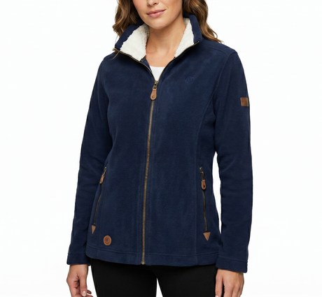 Womens Sherpa Fur Coral Fleece Zip-Up Winter Jacket in Navy/White (400gsm)
