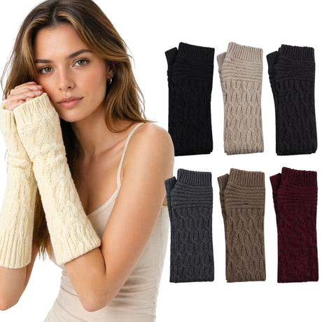 Womens 32cm Long Knitted Fingerless Arm Warmers - Winter Gloves (Assorted Colours)