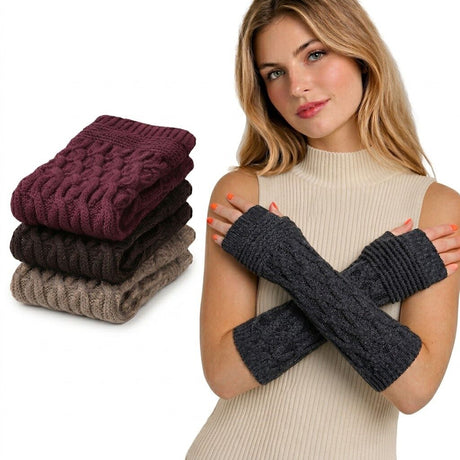 3x Womens 32cm Long Knitted Fingerless Arm Warmers Bulk Pack - Winter Gloves (Assorted Colours)