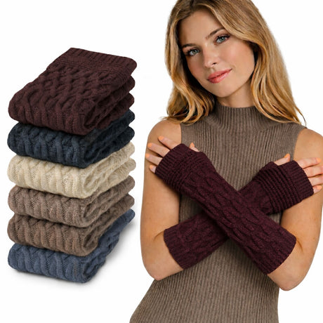 6x Womens 32cm Long Knitted Fingerless Arm Warmers Bulk Pack - Winter Gloves (Assorted Colours)