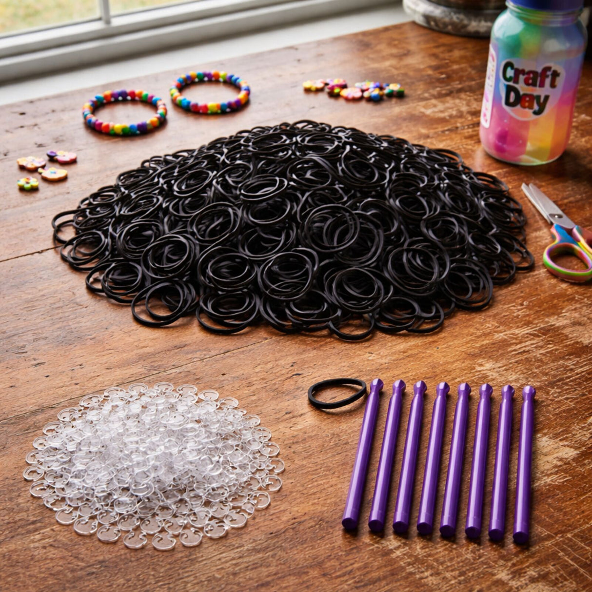 2400pcs Black Loom Bands Kit - Kids DIY Rubber Bracelet Craft Set w/ 96 S Clips & 8 Hooks