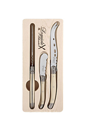 Laguiole Silhouette 3 Piece Cheese Knife Set in Wooden Box in Ivory