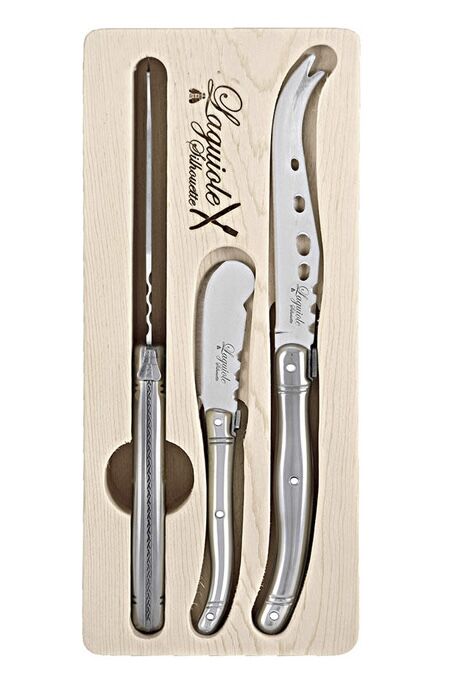 Laguiole Silhouette 3 Piece Stainless Steel Cheese Knife Set in Wooden Box in Silver