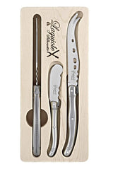Laguiole Silhouette 3 Piece Stainless Steel Cheese Knife Set in Wooden Box in Silver
