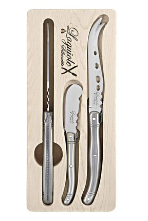 Laguiole Silhouette 3 Piece Stainless Steel Cheese Knife Set in Wooden Box in Silver
