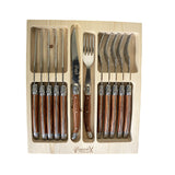 Laguiole Silhouette 12pc Steak Knife and Fork Set in Ivory - Pine Wood Box