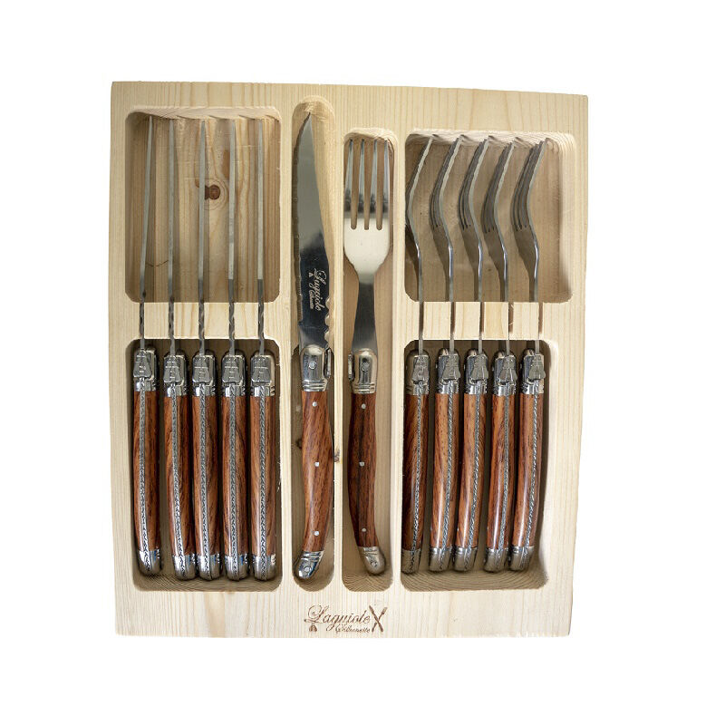 Laguiole Silhouette 12pc Steak Knife and Fork Set in Ivory - Pine Wood Box