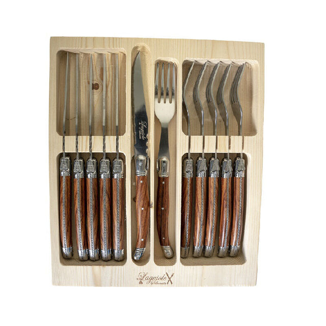 Laguiole Silhouette 12pc Steak Knife and Fork Set in Ivory - Pine Wood Box