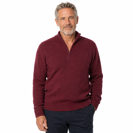 Mens Lambs Wool Knit Pullover Jumper - Deep Red (Half Zip Crew Neck Sweater)