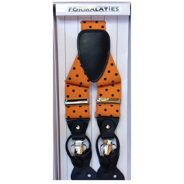 Mens Premium Convertible Suspenders Braces Clip On Elastic Y-Back Traditional Leather Tab - Polka Orange/Black