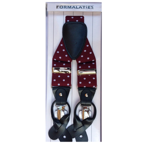 Mens Polka Wine/White Premium Convertible Suspenders - Adjustable Clip On Elastic Y-Back Braces