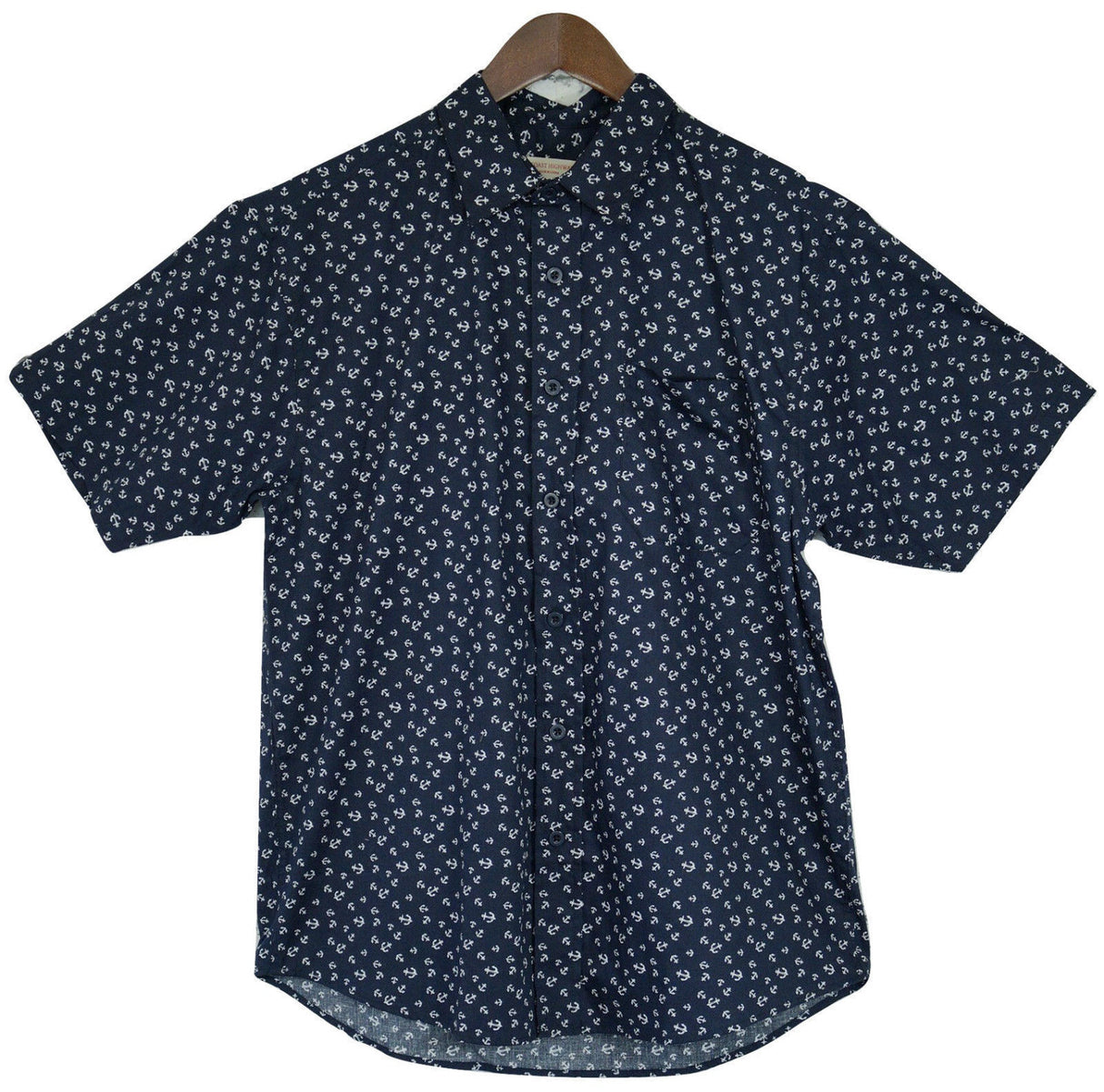 Mens Marine Anchor 100% Cotton Short Sleeve Shirt - Navy Blue (Surf Party Vintage)