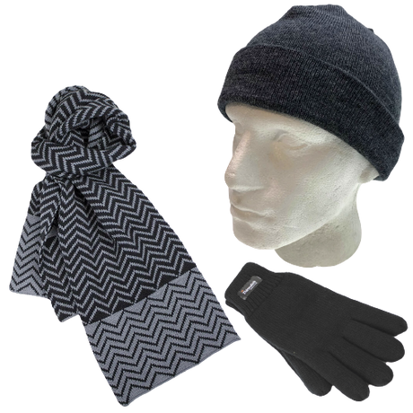 3pc Set Mens Charcoal Fine Knit Beanie Hat Dents Knit Scarf Thinsulate Gloves