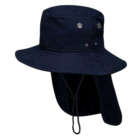 Portwest Mens Premium 100% Cotton Wide Brim Hat w/ Back Legionnaires Flap - Navy