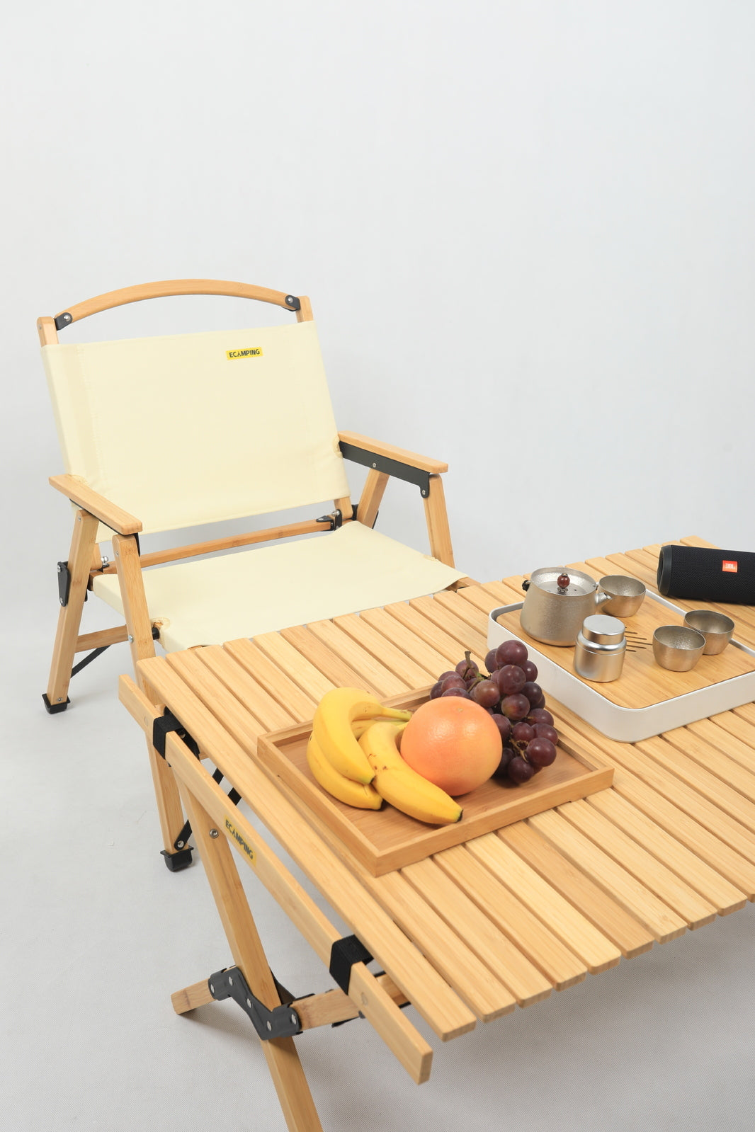 Bamboo Canvas Foldable Outdoor Camping Chair Wooden Travel Picnic Park - Khaki/Light Beige