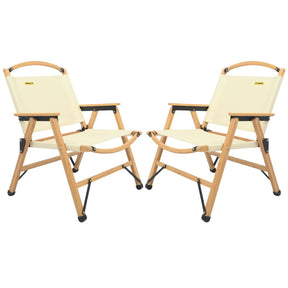 2x Bamboo Canvas Foldable Outdoor Camping Chair Wooden Picnic Park - Khaki/Beige