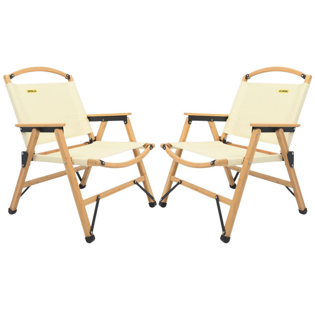 2x Bamboo Canvas Foldable Outdoor Camping Chair Wooden Picnic Park - Khaki/Beige