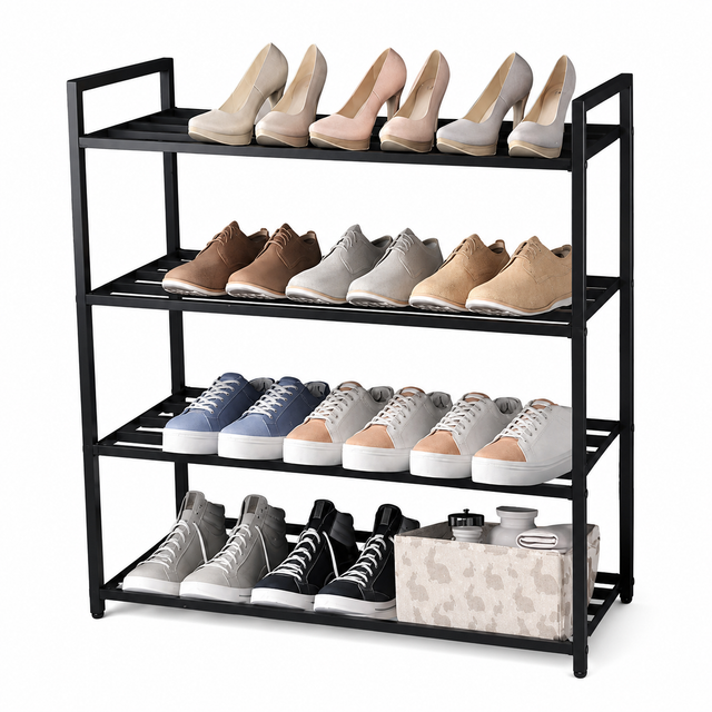 4-Tier Black Shoe Storage Rack (Multifunctional)