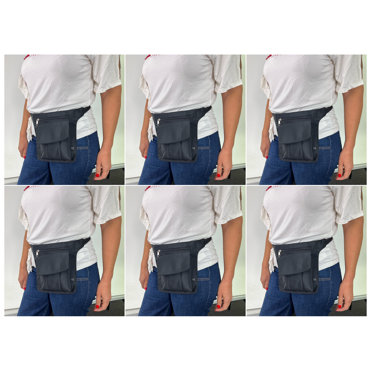 6x Milleni Waist Belt Bum Bag Bulk Pack - Black (Utility Travel Adjustable Strap Belt w/ Zipper)