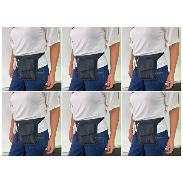 6x Milleni Waist Belt Bum Bag Bulk Pack - Black (Utility Travel Adjustable Strap Belt w/ Zipper)