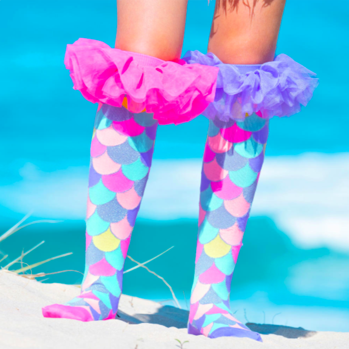 MADMIA Mermaid Frills Girls Knee High Socks - Kids & Adults Ages 6-99 (Crazy Sock Day)