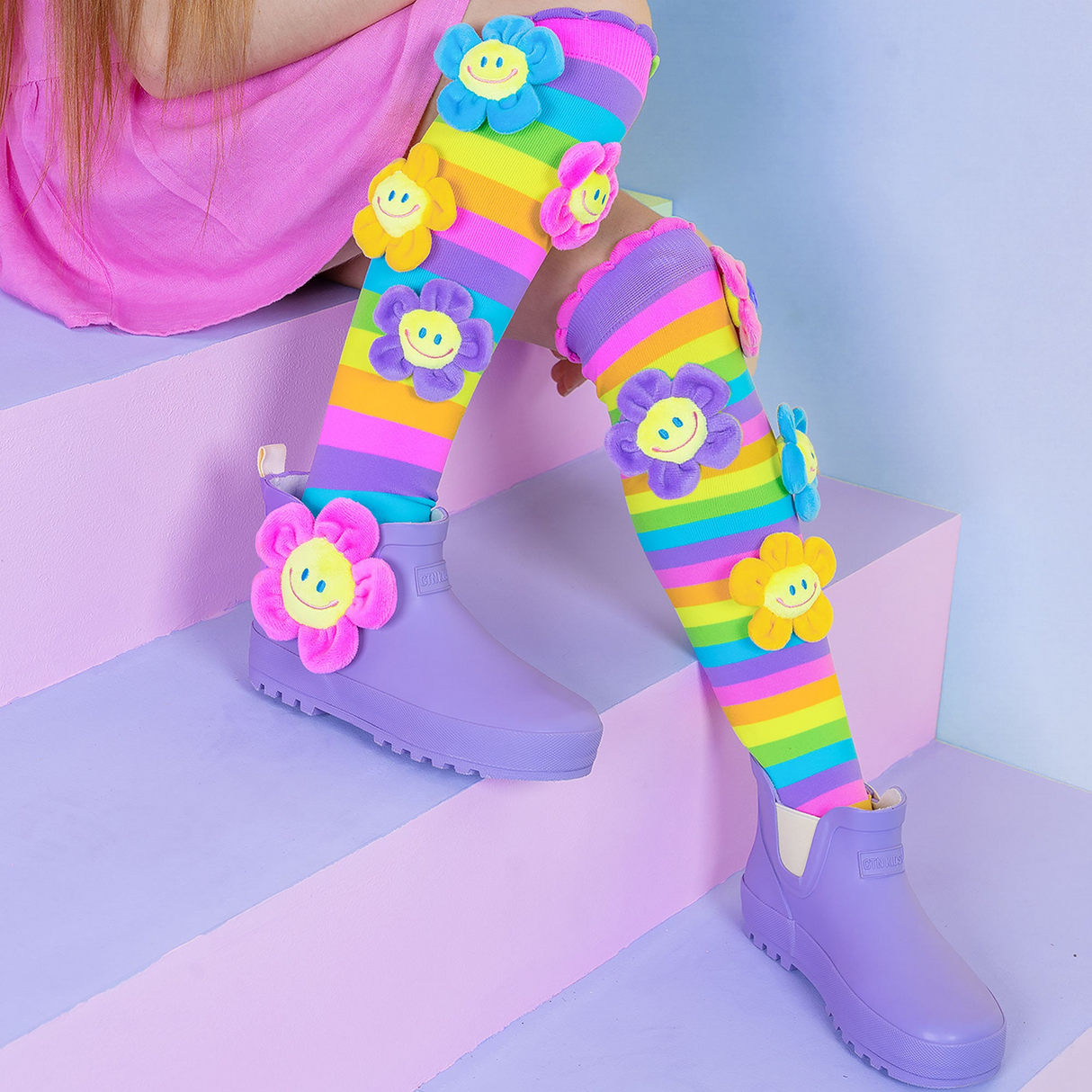 MADMIA Oopsie Daisy Knee High Socks - Kids & Adults Ages 6-99 - Plush Flower (Crazy Sock Day)