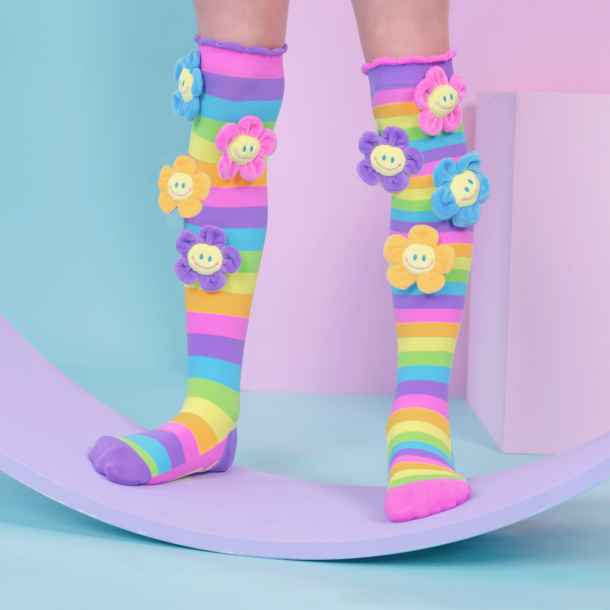 MADMIA Oopsie Daisy Knee High Socks - Kids & Adults Ages 6-99 - Plush Flower (Crazy Sock Day)
