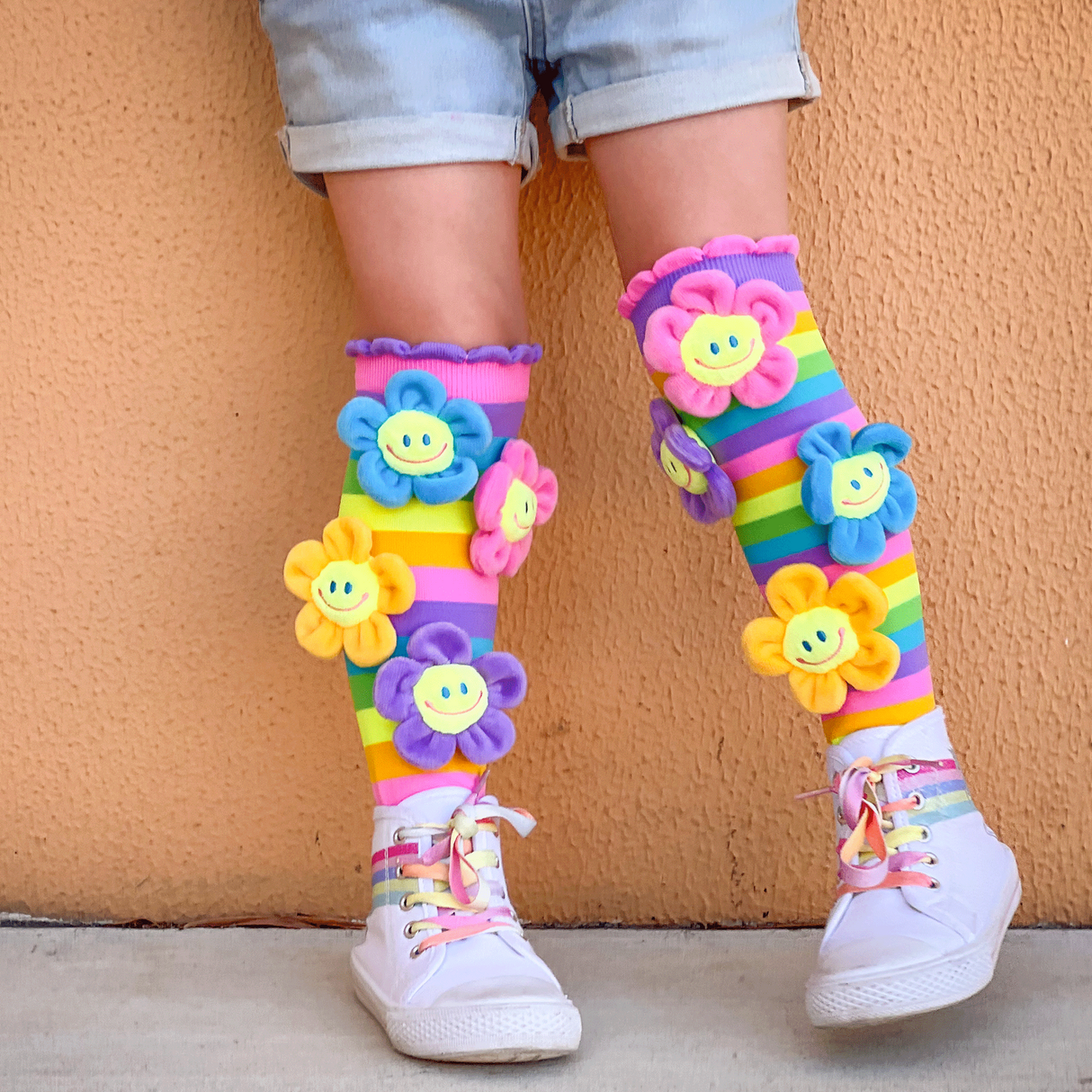 MADMIA Oopsie Daisy Knee High Socks - Kids & Adults Ages 6-99 - Plush Flower (Crazy Sock Day)