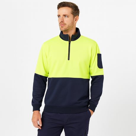 Munka Mens Hi Vis 1/4 Zip Fleece Sweat Sweater Jumper Warm Winter - Yellow/Navy - 3XL