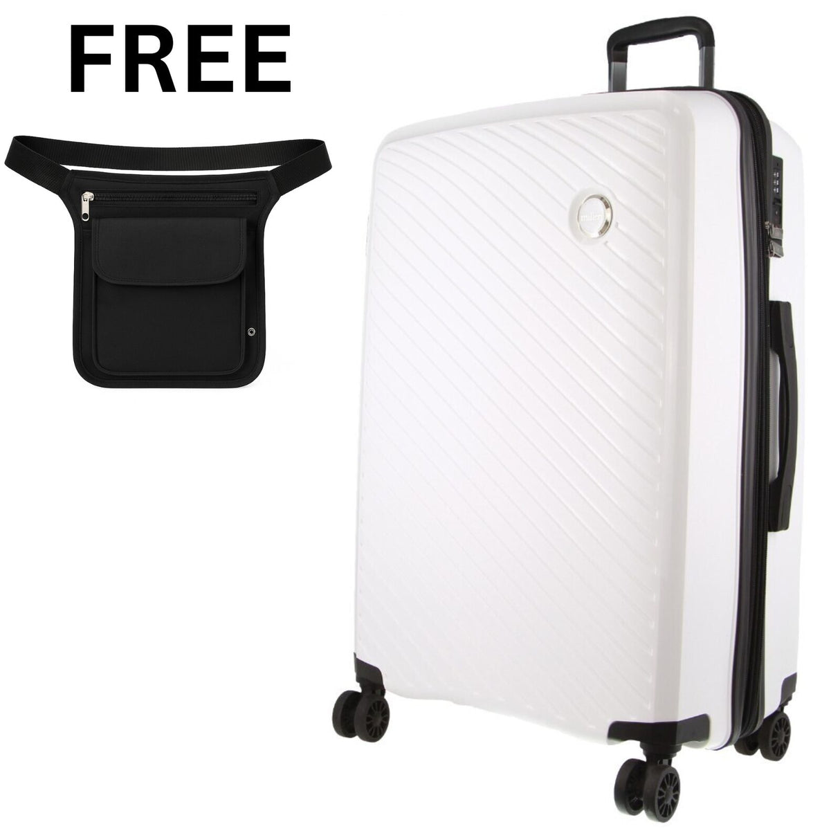 Milleni 75cm/124L Large Checked Luggage - White + Black Waist Bag (2-Item Travel Pack)