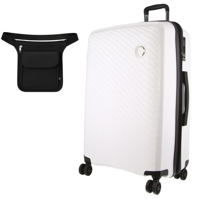 Milleni 75cm/124L Large Checked Luggage - White + Black Waist Bag (2-Item Travel Pack)