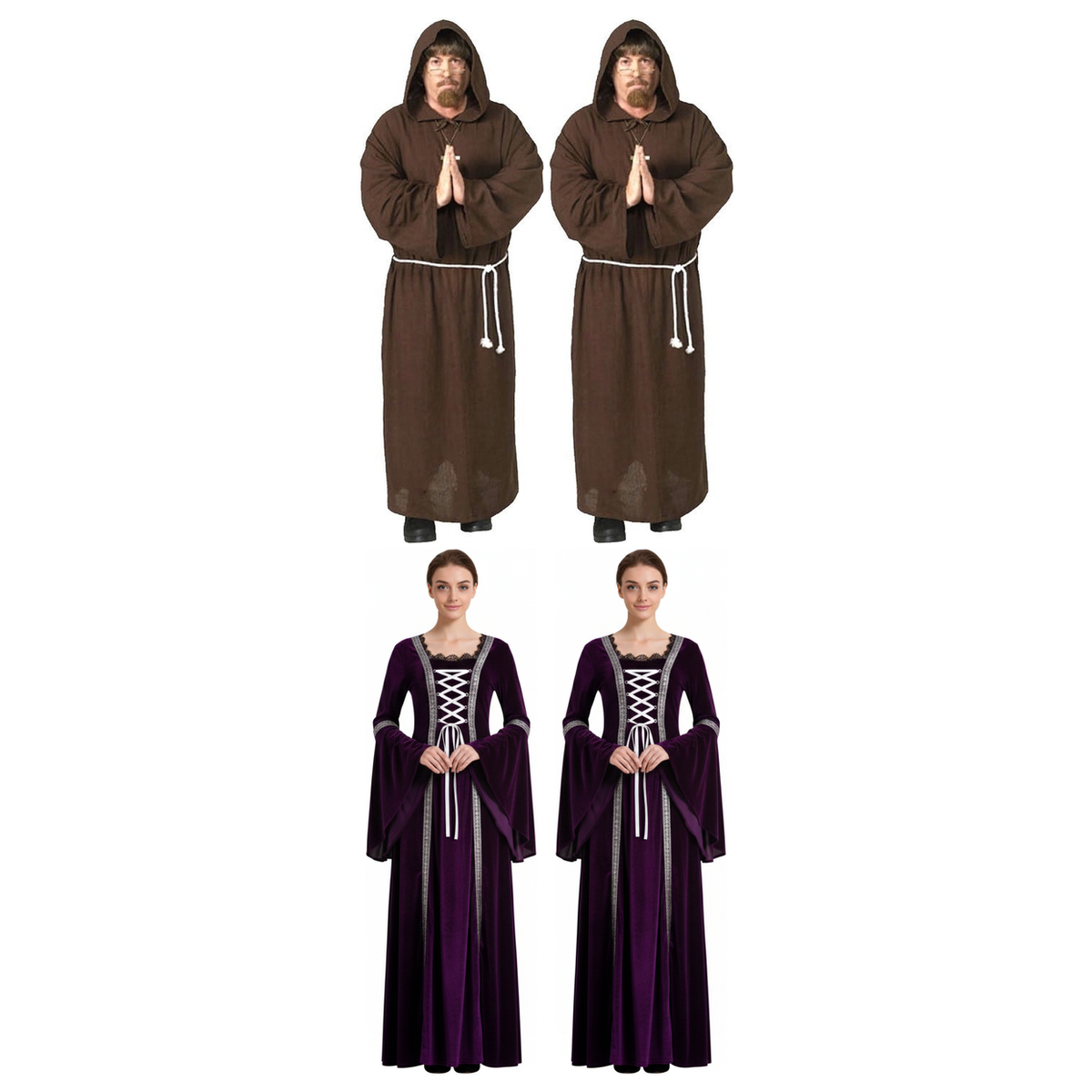 Medieval Group Costume Set - 2x Monk Robe + 2x Renaissance Gown (Halloween & Fancy Dress)