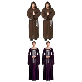 Medieval Group Costume Set - 2x Monk Robe + 2x Renaissance Gown (Halloween & Fancy Dress)