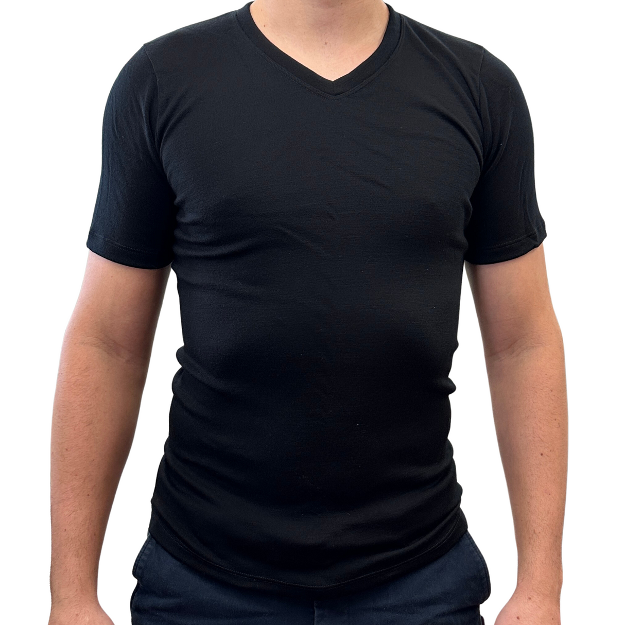 Mens 100% Pure Merino Wool V-Neck Short Sleeve Top T Shirt Thermal Underwear - Navy